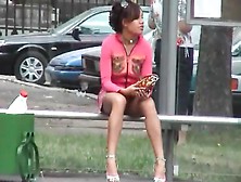 Upskirt On A Bus Bench With A Beauty
