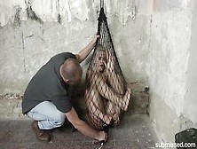 Blonde Sex Slave Is Teased By Master While In A Fishnet