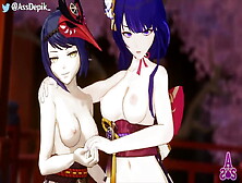 Ara And Raiden From Genshin Impact Kiss With Their Tits Out.
