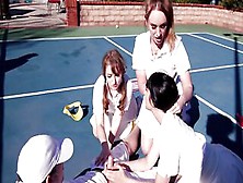 Female Tennis Players Work As A Team During Outdoor Threesome Sex