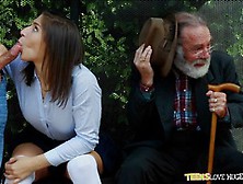 Nervous Grandad Has To Witness Abella Danger Pussy Thrashed At The Bus Stop