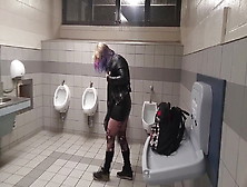 Woman Dildos Mounts Her Twat In Public Mens Washroom