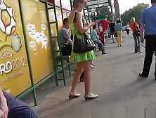 Blonde Teen In Short Green Dress Upskirt