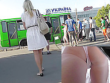 Blonde-Haired Girl With Slender Forms In Upskirts Video