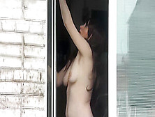 Naked Mom Washes Window Son Spies On Mommy.  Naked In Public.  Spying Spycam
