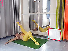 Regina Noir In Yoga In Yellow Tights Doing Yoga In The Gym.  A Girl Without Panties Is Doing Yoga.  2