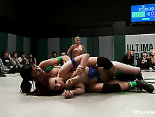 Three Ponytailed Gals In Bikinis Lezzing In Public On The Ring After Fighting
