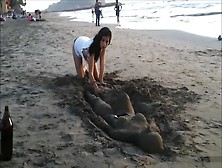Sexy Young Brunette Gets Jizzed At The Beach By Stranger