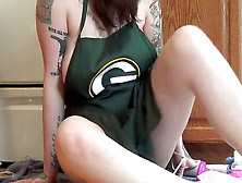 Curvy Tatted Gb Packers Aficionado Romps Her Pussy And Cums On The Kitchen Floor