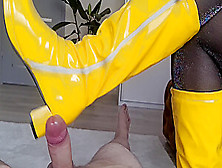 Shoejob With Yellow Boots And Lurex Stockings.  Large Cumshot