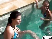Two Sexy Babes Wet Blowjob And Pussy Fucked By The Pool