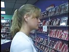 Wild Light-Haired Lady Deep-Throats A Thick Pipe In The Porn Store Gets Jism In Her Throat