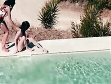 Pool Party With A Brunette Cutie Ends In Quickie Fuck