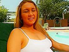 Sexy Young Blonde Deep-Throats His Cock By The Pool