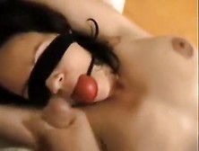 Blindfolded Brunette Bitch Stroking And Gagging Penis That