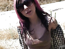 A Pink Haired Slut Sucks Cock On The Side Of The Road As Cars Pass