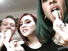 Sexy Alternatie Sluts Tease The Camera By Licking Cucumbers In The Kitchen.