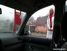 Hot Blonde In Skirt Goes Home With A Couple