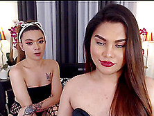 Two Cute Brunette Lesbian Shemales In Lingerie In Private Webcam Show In Bedroom