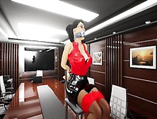 Game Girl Tied To Office Chair Wearing Shiny Outfit.