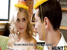 Hunt4K.  Super Blonde Analyzed By Hunk While Her Bf Counts The Money