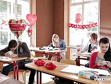 Valentine's Day In High School.  Orgy Porn On The Desks In The Classroom
