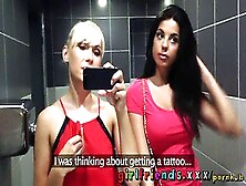 Watch These Hot Babes Use Their Iphones In Public Bathroom Before Getting Steamy In The Shower