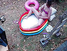 Outdoor Wam Sissy Gurl In Pink Pvc Micro Bikini Oiled Up And Drenched In Milky Water Plays With Herself No Cum