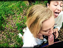 Two Girlfriends Suck Cock In The Woods - Threesome Outdoor Blowjob - Public Pov
