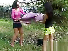 Horny Lesbians And A Dildo In The Park