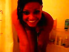 Dark-Skinned Woman With Hairy Pussy Masturbating In The Shower