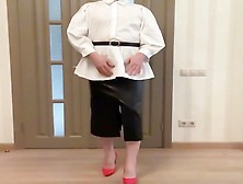 Office Tranny Secretary In Leather Midi Pencil Skirt And White Shirt Blouse Ready To Suck Your Cock And Eat Your Cum