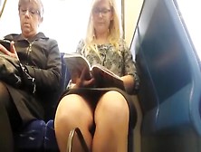 Woman Reading A Book In Train Upskirted