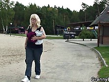Old Granny Blonde Rides Cock In Public