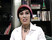 Inked Schoolgirl Strips And Teases Her Tits And Pussy In An Office.
