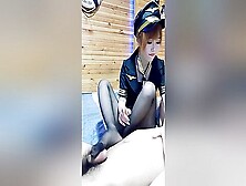 Asian Stewardess In A Sexy Uniform And Stockings Giving A Great Footj