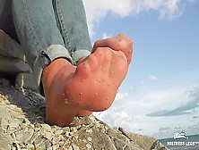 Goddess Jeans Feet Closeups In Worned Nylon Socks Outdoor