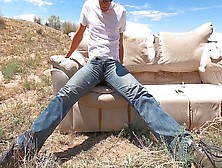 Public Jeans Wetting And Sperm Shot On An Abandoned Couch