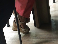 Hot Ebony Feet In Wedges Heels At Lunch
