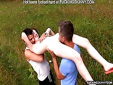 Young Skinny Chick Gets Double Teamed By 2 Horny Dudes Outside