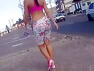 Brunette In Spandex Shorts Walking
