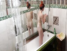 My Ginger Women Washing Her Bald Twat With A Showerhead