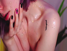 Purple Hair Teen Puts Glitter On Naked Body