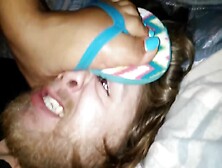 Chubby Mistress In Flip-Flops Trampling A Poor Stud On The Bed