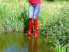 Wet Girl In Red Boots And Jeans