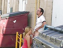 Slim Blonde Gives Marvelous Blowjob Near The Trash Can