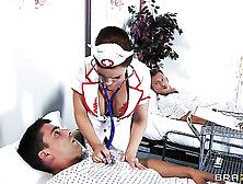 Two Patients With Throbbing Cocks Double Team Sexy,  Brunette Nurse Wit Big Jugs In White Garter And Stockings.