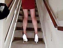 New Dress And First Time In Satin Sheen Tights And White Stilettos