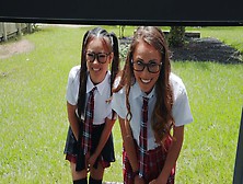 Two Cute Schoolgirls Mackenzie Mace And Lulu Chu Share A Huge Dick