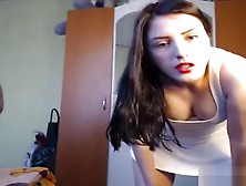Sexy Brunette Babe In White Dress Teasing And Seducing On Webcam